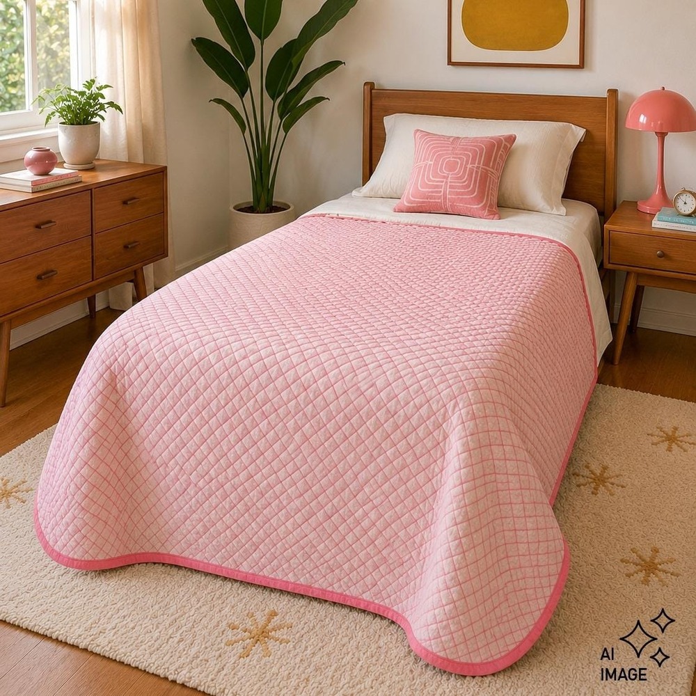 Vintage Bates Bedspread Blanket Twin Bed Size Pink & White Geometric Reversible